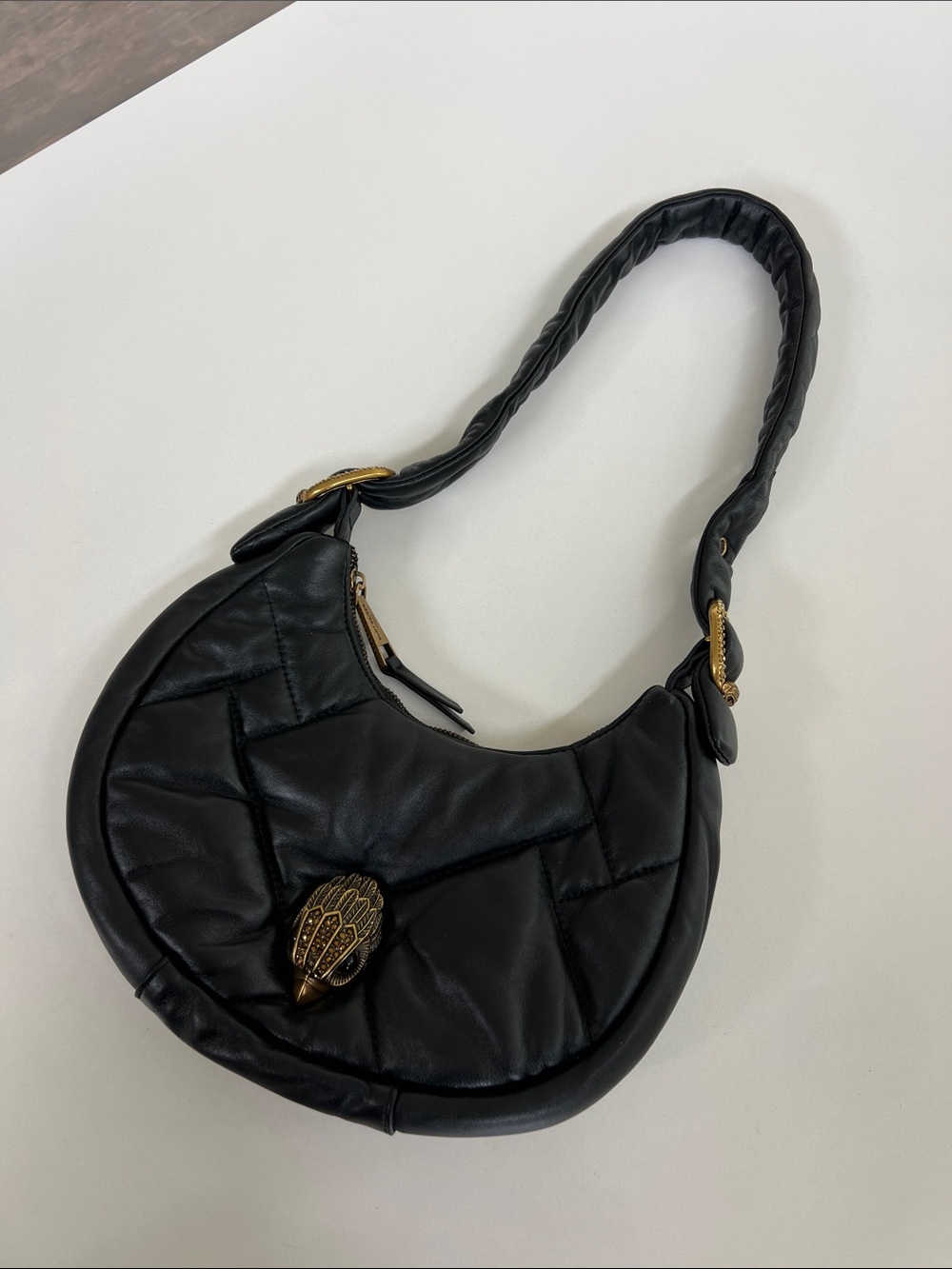 Kurt Geiger small Kensington puff hobo bag purse black leather brass eagle head